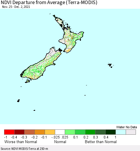 New Zealand NDVI Departure from Average (Terra-MODIS) Thematic Map For 11/25/2021 - 12/2/2021