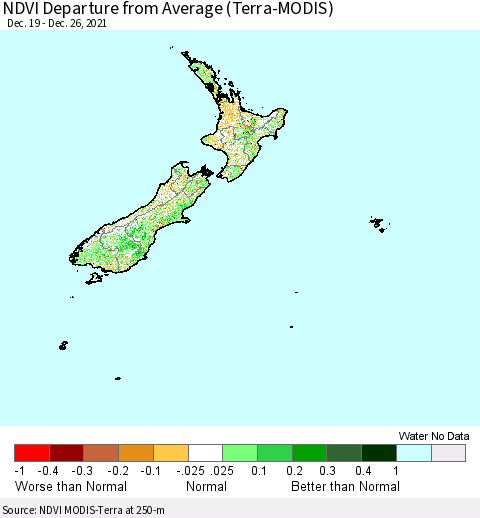 New Zealand NDVI Departure from Average (Terra-MODIS) Thematic Map For 12/26/2021 - 1/2/2022