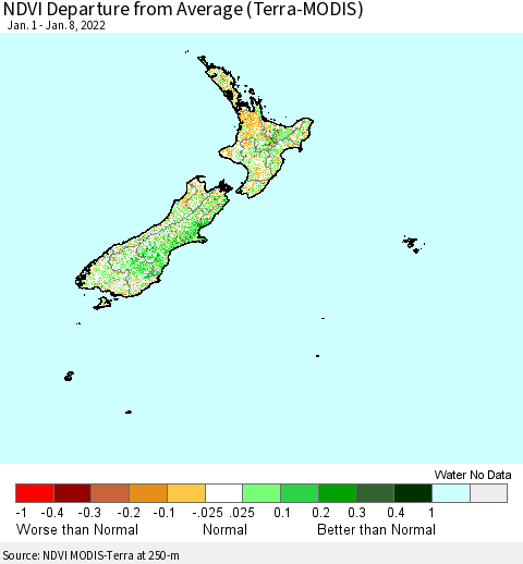 New Zealand NDVI Departure from Average (Terra-MODIS) Thematic Map For 1/1/2022 - 1/8/2022