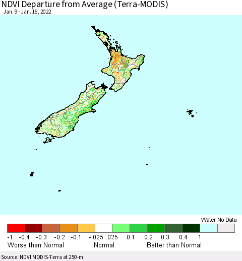 New Zealand NDVI Departure from Average (Terra-MODIS) Thematic Map For 1/9/2022 - 1/16/2022