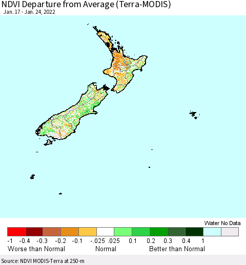 New Zealand NDVI Departure from Average (Terra-MODIS) Thematic Map For 1/17/2022 - 1/24/2022