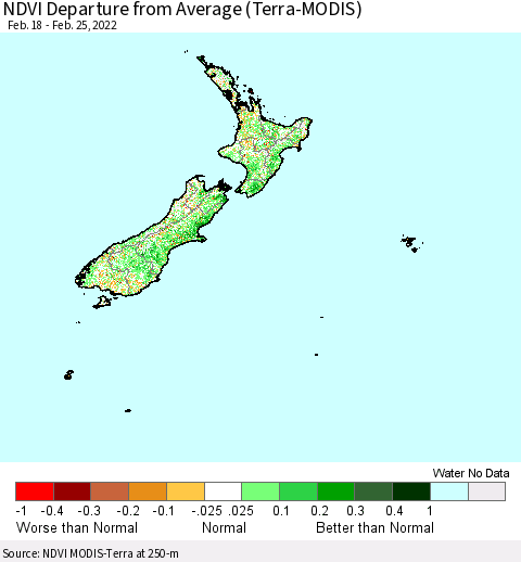 New Zealand NDVI Departure from Average (Terra-MODIS) Thematic Map For 2/18/2022 - 2/25/2022
