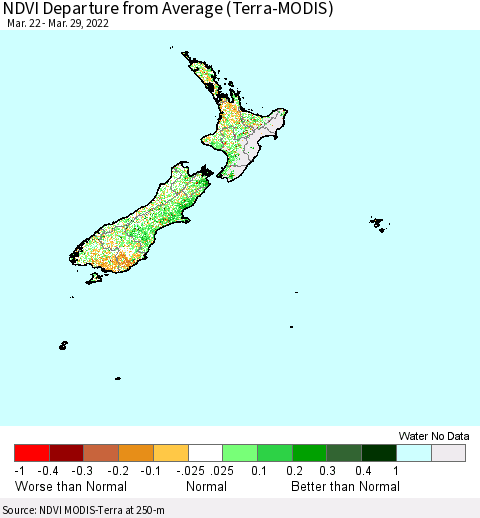New Zealand NDVI Departure from Average (Terra-MODIS) Thematic Map For 3/22/2022 - 3/29/2022