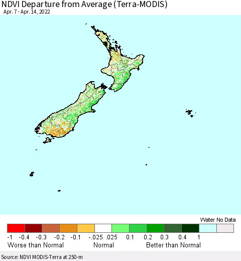 New Zealand NDVI Departure from Average (Terra-MODIS) Thematic Map For 4/7/2022 - 4/14/2022
