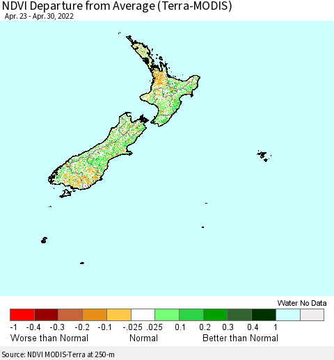 New Zealand NDVI Departure from Average (Terra-MODIS) Thematic Map For 4/23/2022 - 4/30/2022