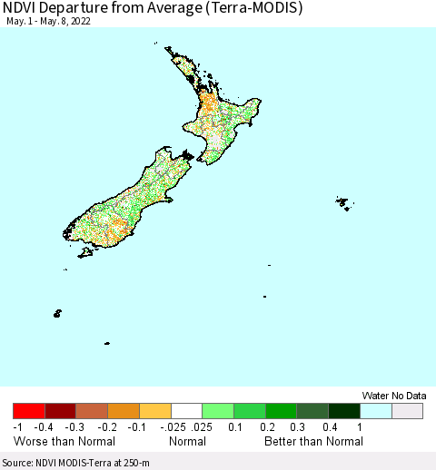 New Zealand NDVI Departure from Average (Terra-MODIS) Thematic Map For 5/1/2022 - 5/8/2022