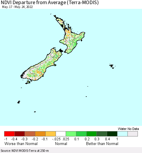 New Zealand NDVI Departure from Average (Terra-MODIS) Thematic Map For 5/17/2022 - 5/24/2022