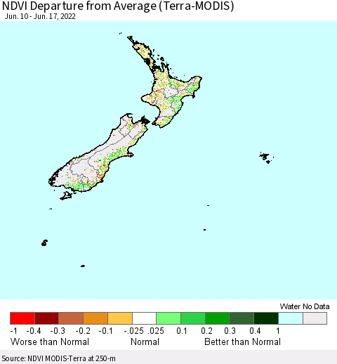 New Zealand NDVI Departure from Average (Terra-MODIS) Thematic Map For 6/10/2022 - 6/17/2022