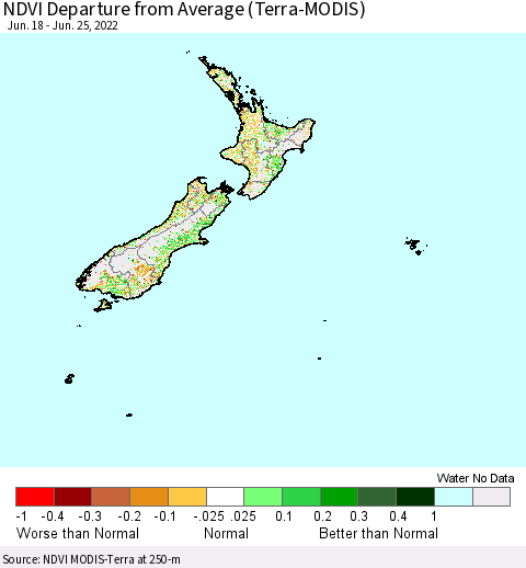New Zealand NDVI Departure from Average (Terra-MODIS) Thematic Map For 6/18/2022 - 6/25/2022