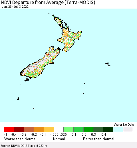 New Zealand NDVI Departure from Average (Terra-MODIS) Thematic Map For 6/26/2022 - 7/3/2022