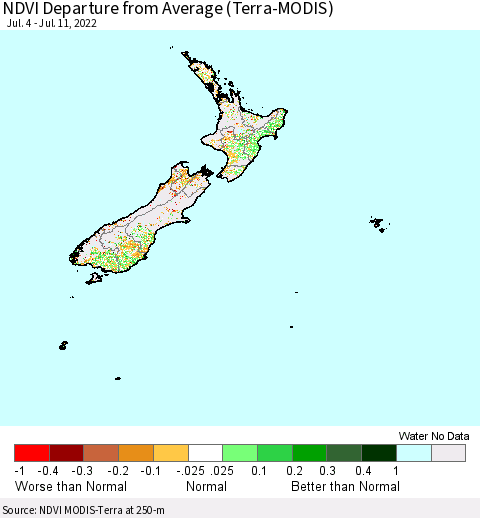 New Zealand NDVI Departure from Average (Terra-MODIS) Thematic Map For 7/4/2022 - 7/11/2022