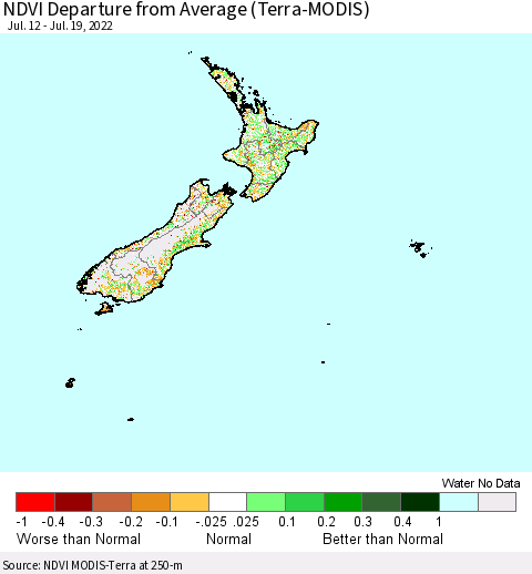 New Zealand NDVI Departure from Average (Terra-MODIS) Thematic Map For 7/12/2022 - 7/19/2022
