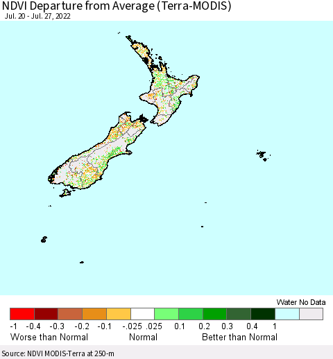 New Zealand NDVI Departure from Average (Terra-MODIS) Thematic Map For 7/20/2022 - 7/27/2022