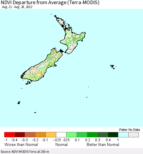 New Zealand NDVI Departure from Average (Terra-MODIS) Thematic Map For 8/21/2022 - 8/28/2022