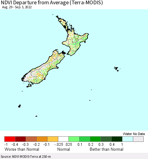New Zealand NDVI Departure from Average (Terra-MODIS) Thematic Map For 8/29/2022 - 9/5/2022