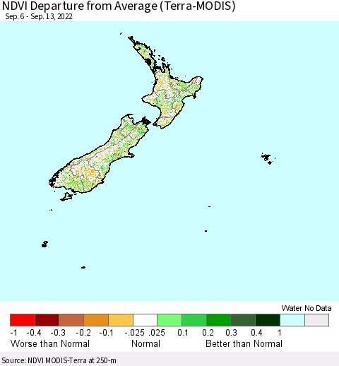 New Zealand NDVI Departure from Average (Terra-MODIS) Thematic Map For 9/6/2022 - 9/13/2022