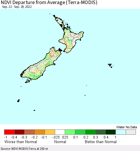 New Zealand NDVI Departure from Average (Terra-MODIS) Thematic Map For 9/22/2022 - 9/29/2022