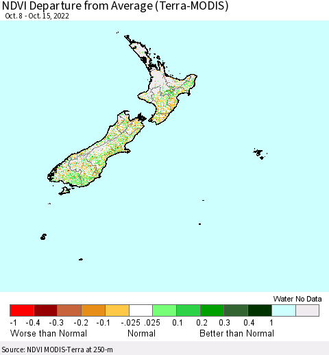 New Zealand NDVI Departure from Average (Terra-MODIS) Thematic Map For 10/8/2022 - 10/15/2022