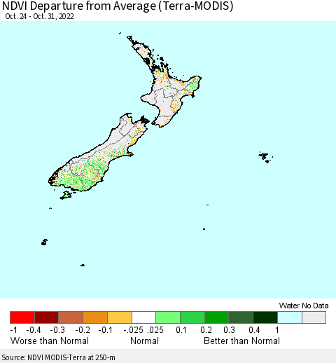 New Zealand NDVI Departure from Average (Terra-MODIS) Thematic Map For 10/24/2022 - 10/31/2022