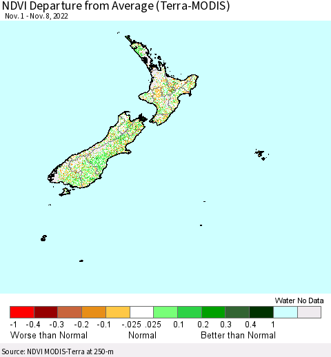 New Zealand NDVI Departure from Average (Terra-MODIS) Thematic Map For 11/1/2022 - 11/8/2022