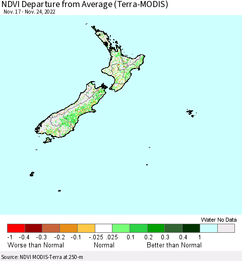 New Zealand NDVI Departure from Average (Terra-MODIS) Thematic Map For 11/17/2022 - 11/24/2022
