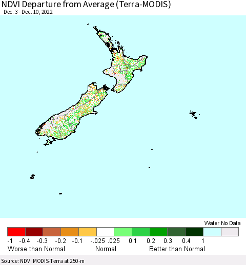 New Zealand NDVI Departure from Average (Terra-MODIS) Thematic Map For 12/3/2022 - 12/10/2022