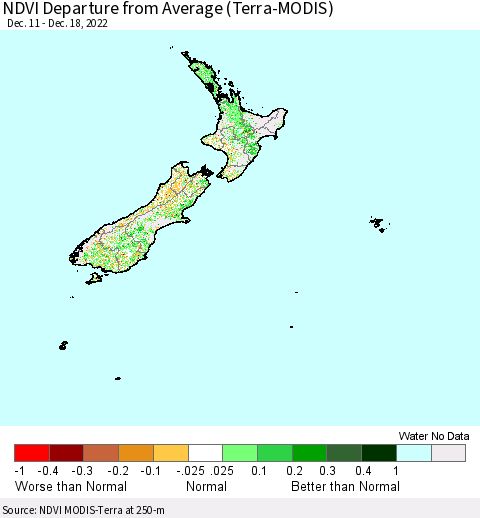 New Zealand NDVI Departure from Average (Terra-MODIS) Thematic Map For 12/11/2022 - 12/18/2022