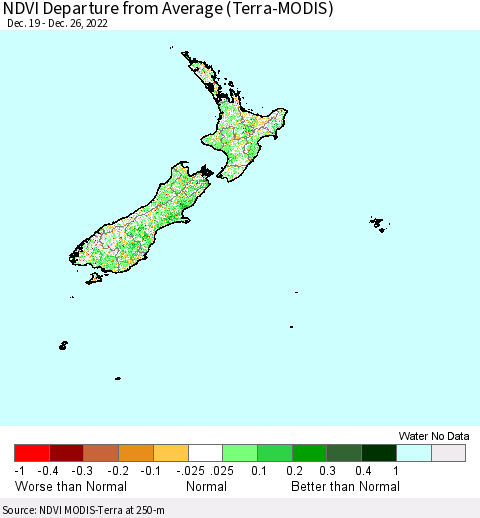 New Zealand NDVI Departure from Average (Terra-MODIS) Thematic Map For 12/19/2022 - 12/26/2022