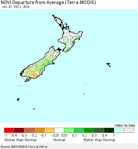 New Zealand NDVI Departure from Average (Terra-MODIS) Thematic Map For 1/25/2023 - 2/1/2023