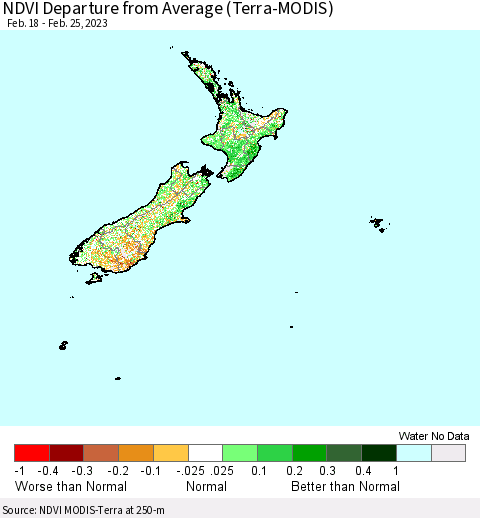 New Zealand NDVI Departure from Average (Terra-MODIS) Thematic Map For 2/18/2023 - 2/25/2023