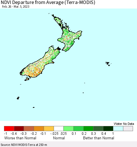 New Zealand NDVI Departure from Average (Terra-MODIS) Thematic Map For 2/26/2023 - 3/5/2023