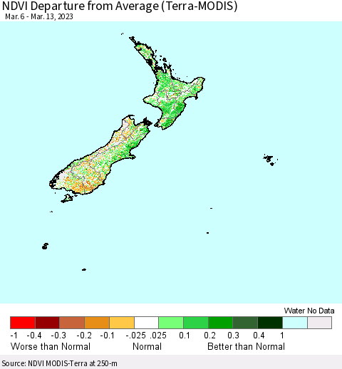 New Zealand NDVI Departure from Average (Terra-MODIS) Thematic Map For 3/6/2023 - 3/13/2023