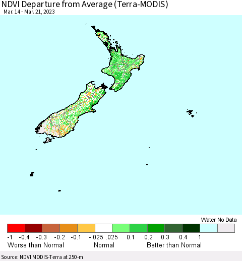 New Zealand NDVI Departure from Average (Terra-MODIS) Thematic Map For 3/14/2023 - 3/21/2023