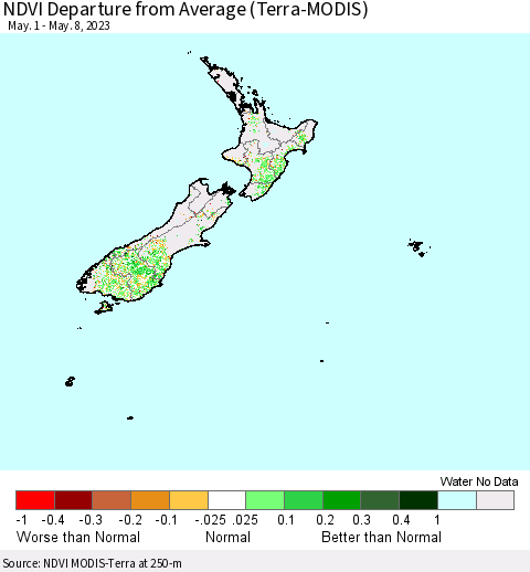 New Zealand NDVI Departure from Average (Terra-MODIS) Thematic Map For 5/1/2023 - 5/8/2023