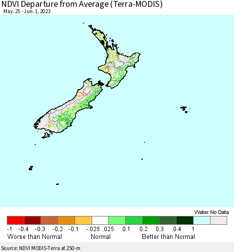 New Zealand NDVI Departure from Average (Terra-MODIS) Thematic Map For 5/25/2023 - 6/1/2023