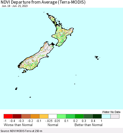 New Zealand NDVI Departure from Average (Terra-MODIS) Thematic Map For 6/18/2023 - 6/25/2023