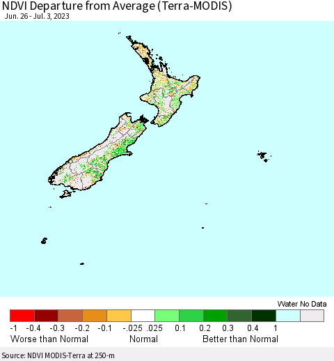 New Zealand NDVI Departure from Average (Terra-MODIS) Thematic Map For 6/26/2023 - 7/3/2023