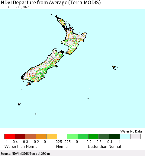 New Zealand NDVI Departure from Average (Terra-MODIS) Thematic Map For 7/4/2023 - 7/11/2023