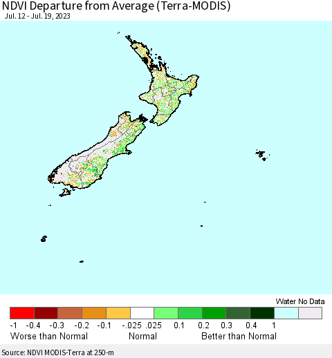 New Zealand NDVI Departure from Average (Terra-MODIS) Thematic Map For 7/12/2023 - 7/19/2023