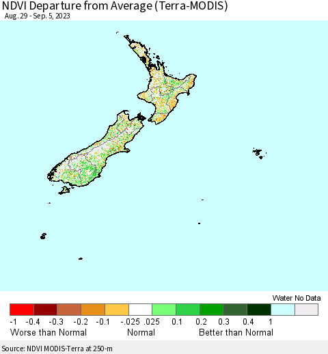 New Zealand NDVI Departure from Average (Terra-MODIS) Thematic Map For 8/29/2023 - 9/5/2023