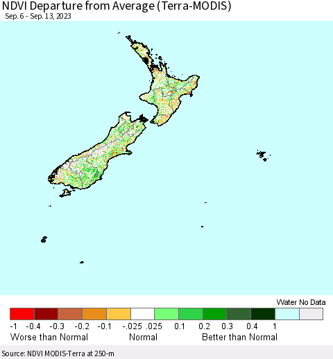 New Zealand NDVI Departure from Average (Terra-MODIS) Thematic Map For 9/6/2023 - 9/13/2023