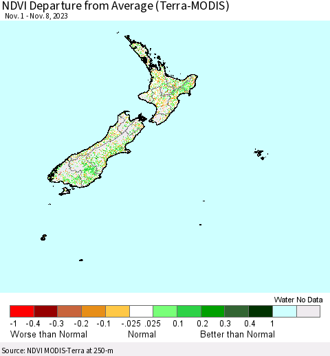 New Zealand NDVI Departure from Average (Terra-MODIS) Thematic Map For 11/1/2023 - 11/8/2023