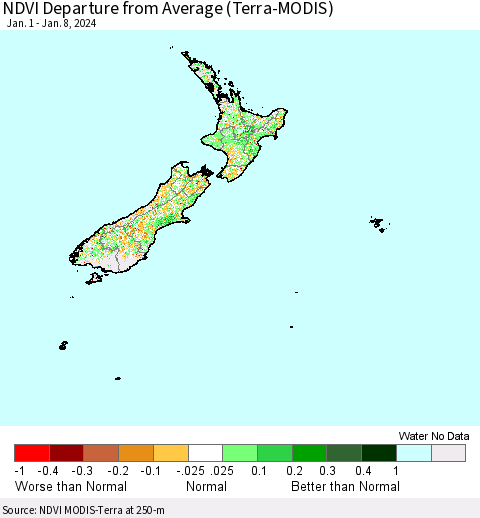 New Zealand NDVI Departure from Average (Terra-MODIS) Thematic Map For 1/1/2024 - 1/8/2024
