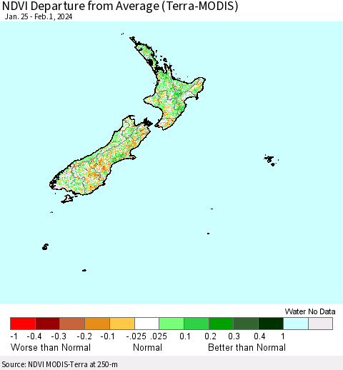 New Zealand NDVI Departure from Average (Terra-MODIS) Thematic Map For 1/25/2024 - 2/1/2024