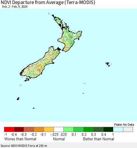 New Zealand NDVI Departure from Average (Terra-MODIS) Thematic Map For 2/2/2024 - 2/9/2024
