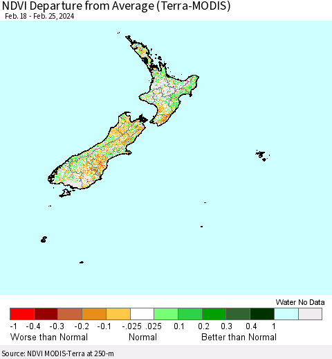 New Zealand NDVI Departure from Average (Terra-MODIS) Thematic Map For 2/18/2024 - 2/25/2024