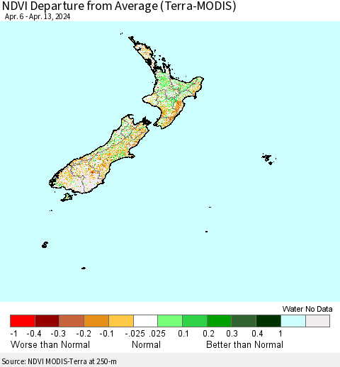 New Zealand NDVI Departure from Average (Terra-MODIS) Thematic Map For 4/6/2024 - 4/13/2024