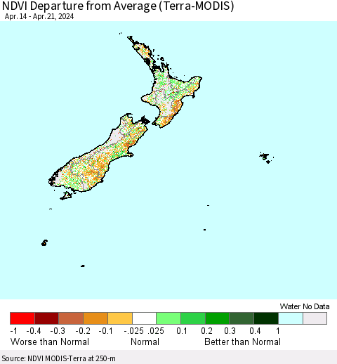 New Zealand NDVI Departure from Average (Terra-MODIS) Thematic Map For 4/14/2024 - 4/21/2024