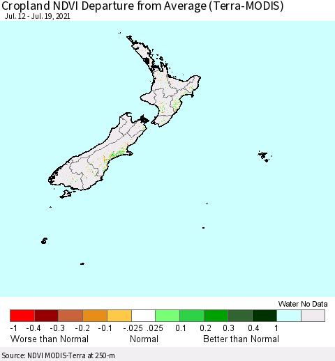 New Zealand Cropland NDVI Departure from Average (Terra-MODIS) Thematic Map For 7/12/2021 - 7/19/2021