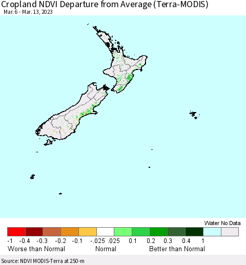New Zealand Cropland NDVI Departure from Average (Terra-MODIS) Thematic Map For 3/6/2023 - 3/13/2023